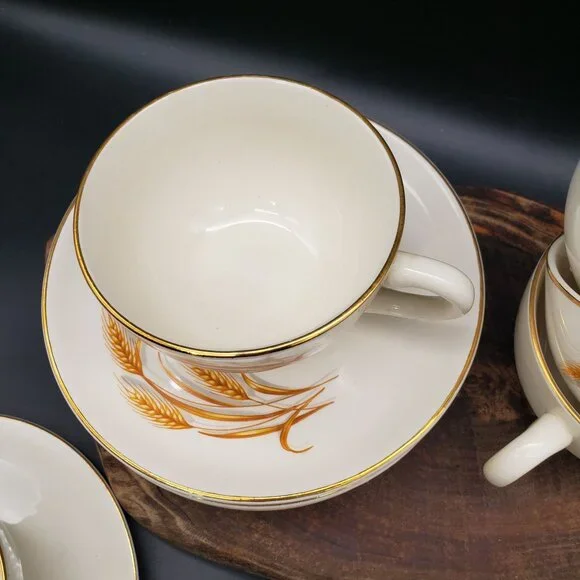 Golden Wheat 22K Gold Oven Proof Cup & Saucer Set 6 + Berry Bowl Made USA - Picture 5 of 12